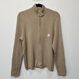 Leelanau Trail Cardigan Sweater XL‎ Cotton Full Zip Rib Knit Mock Neck Military